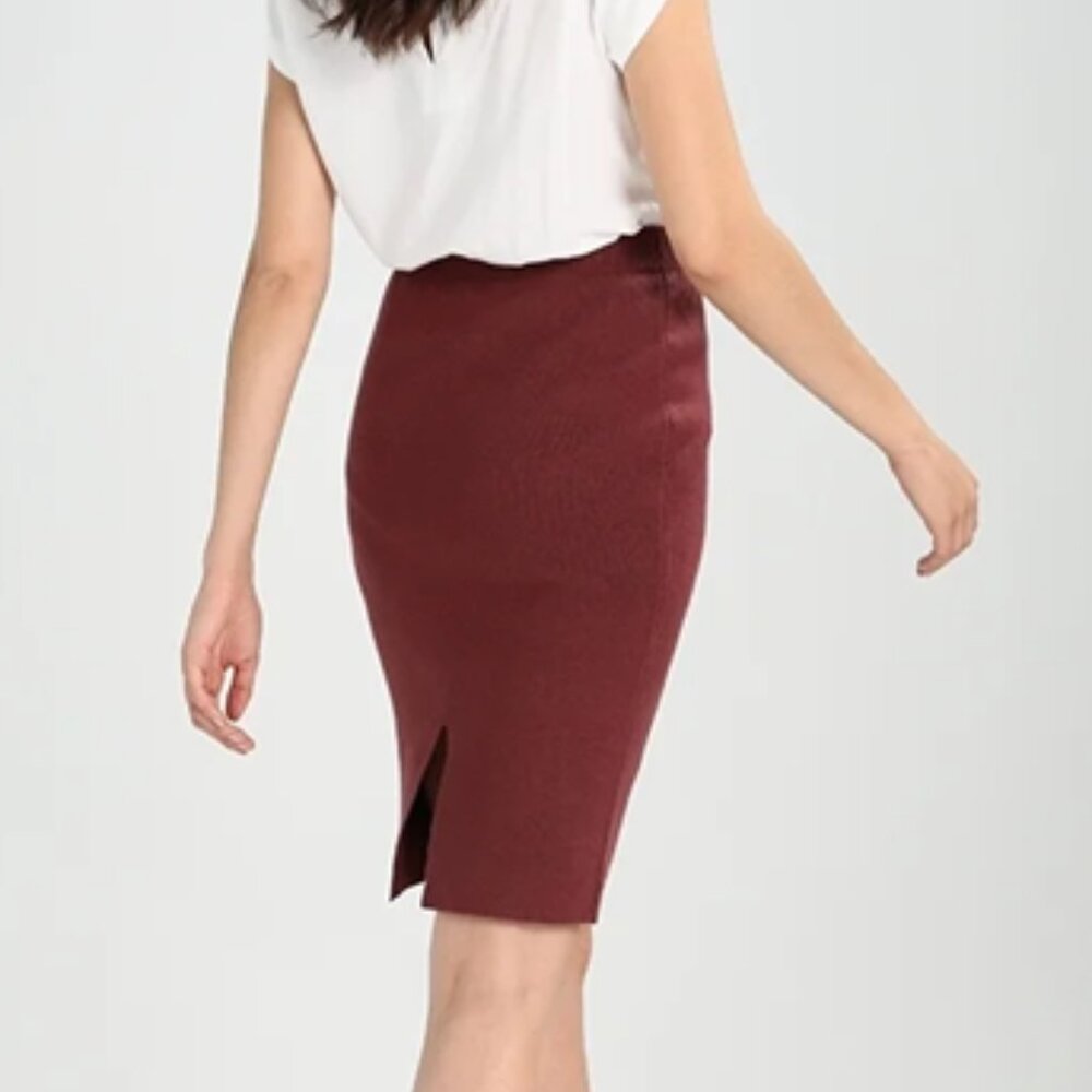 ICHI Elements Oxblood Red Wool Blend Back Slit Pencil Midi Skirt Vintage Large